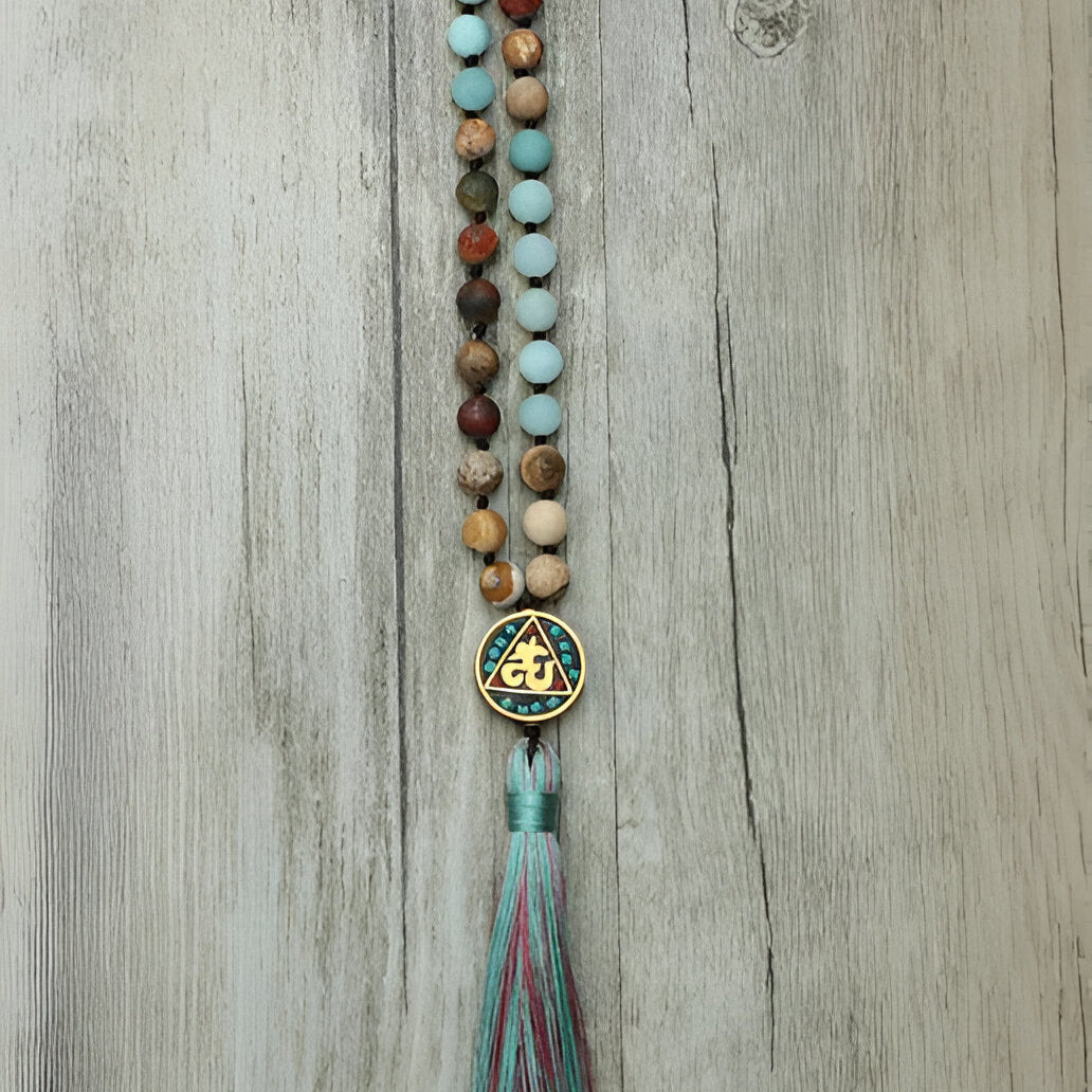 Gebetskette mit Aum-Mala-Perlen – Amazonit und Landschaftsjaspis