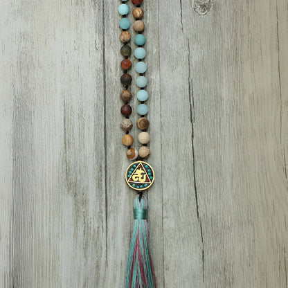 Gebetskette mit Aum-Mala-Perlen – Amazonit und Landschaftsjaspis