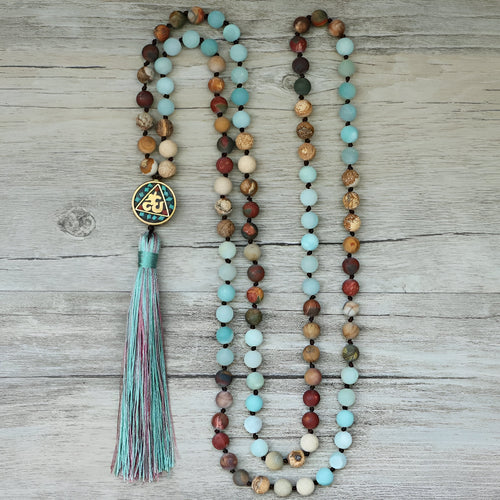 Gebetskette mit Aum-Mala-Perlen – Amazonit und Landschaftsjaspis
