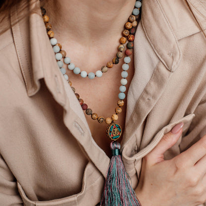 Gebetskette mit Aum-Mala-Perlen – Amazonit und Landschaftsjaspis