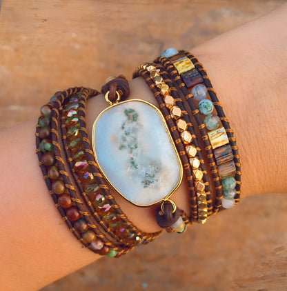 Wickelarmband “Göttin des Mondlichts“ aus Achat und Grünem Opal