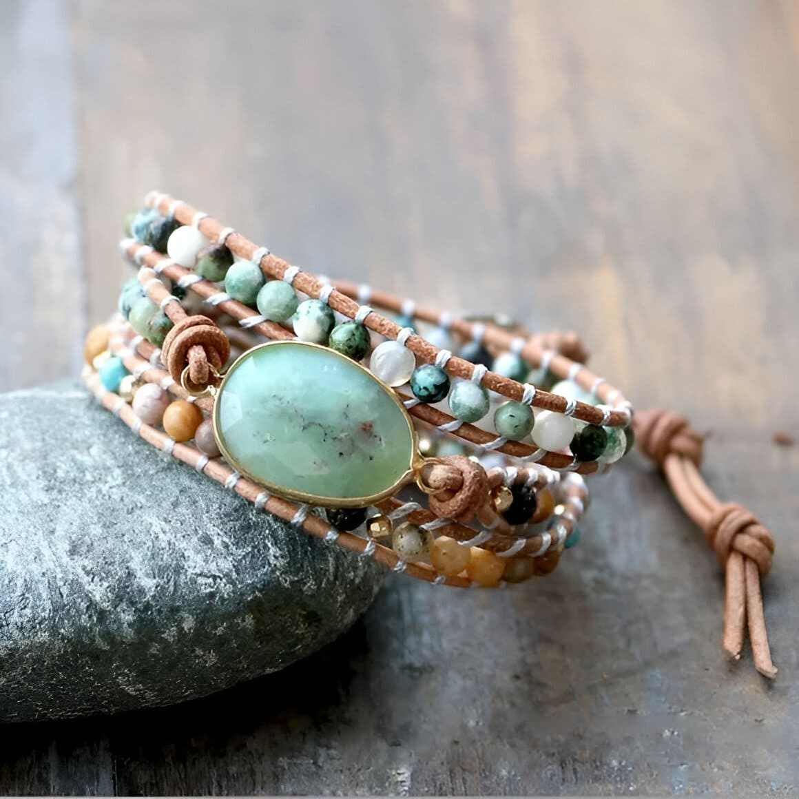 Wohlstands-Wickelarmband – Jade, Afrikanischer Türkis, Onyx und Lavastein