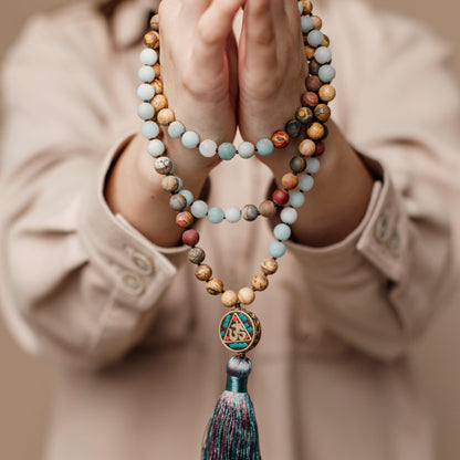 Gebetskette mit Aum-Mala-Perlen – Amazonit und Landschaftsjaspis
