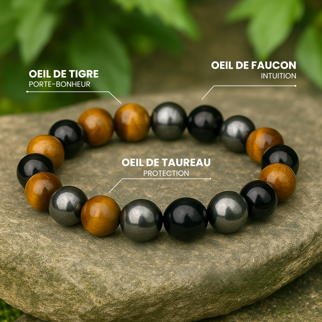 Armband "3-facher Schutz“ mit Tigerauge, Hämatit und Schwarzer Obsidian