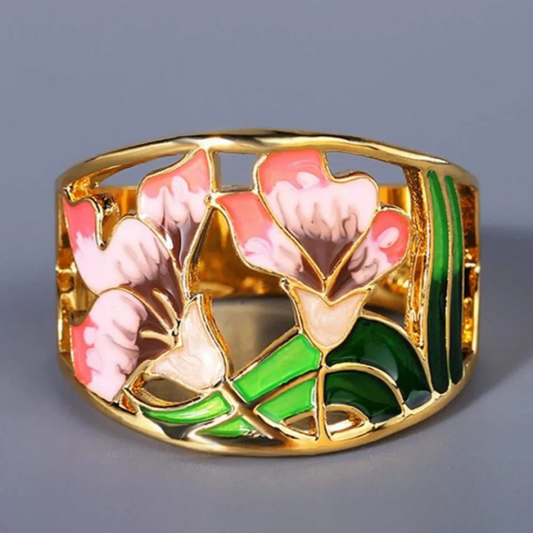 Vintage-Ring aus vergoldetem Emaille mit Blumen
