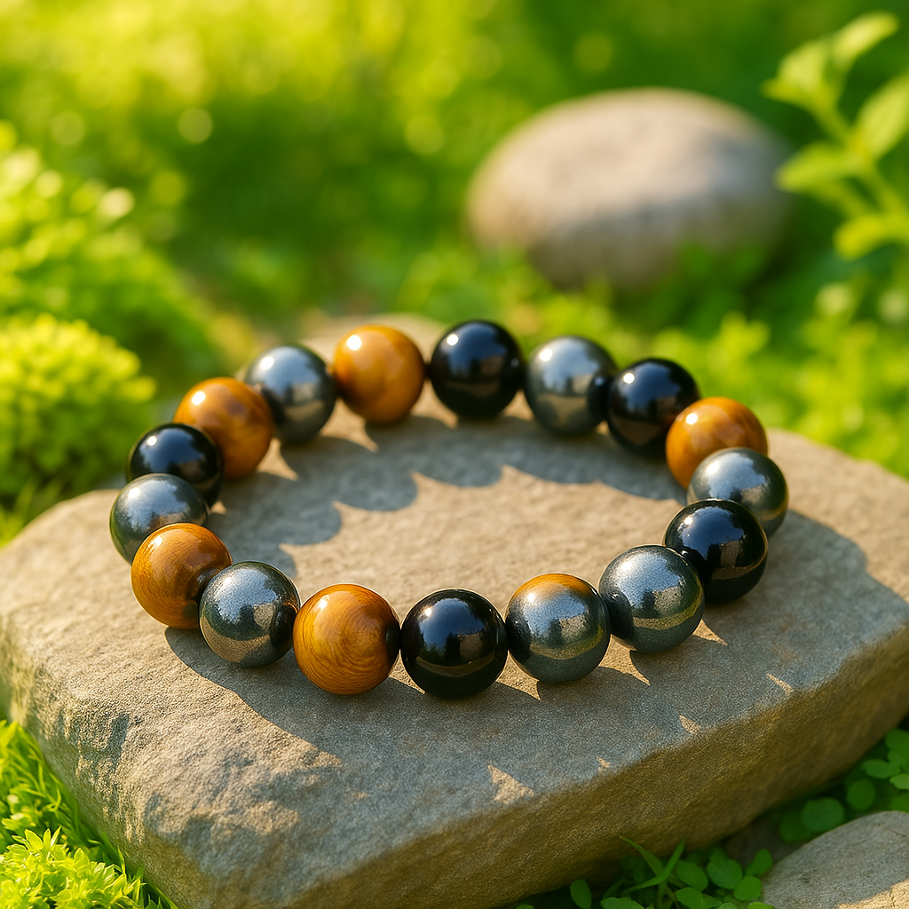 Armband "3-facher Schutz“ mit Tigerauge, Hämatit und Schwarzer Obsidian