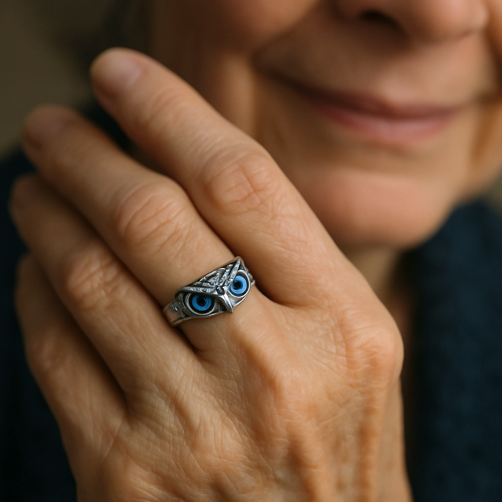 Glückseule verstellbarer Ring aus Silber und Opal
