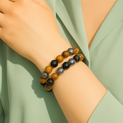 Armband "3-facher Schutz“ mit Tigerauge, Hämatit und Schwarzer Obsidian