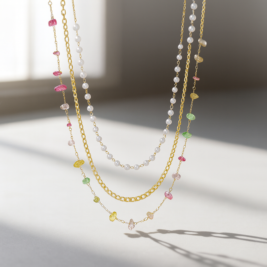 Goldenes Collier mit Perlen und bunten Schmucksteinen