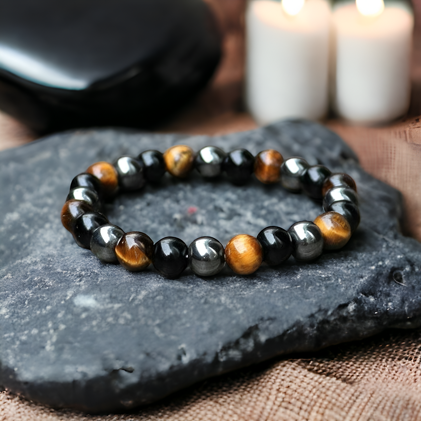 Schutzarmband “Dreifache Kraft“ mit Hämatit, Tigerauge und Obsidian